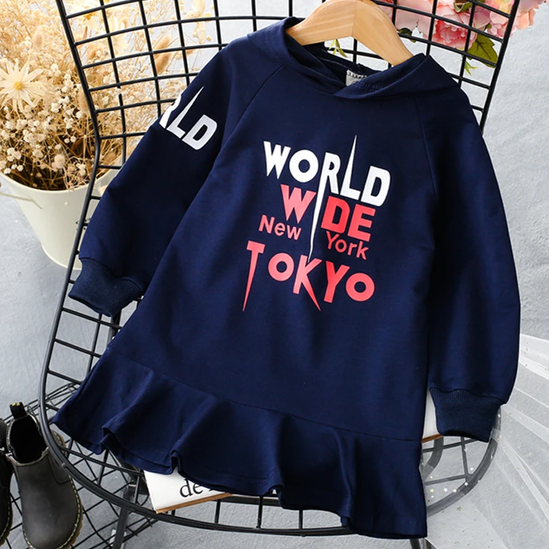 Girls Dresses 2018 Autumn New Children's Clothing Casual Sweet Letter Long Sleeve Hooded Ruffled Sweater Dress | Детская одежда и