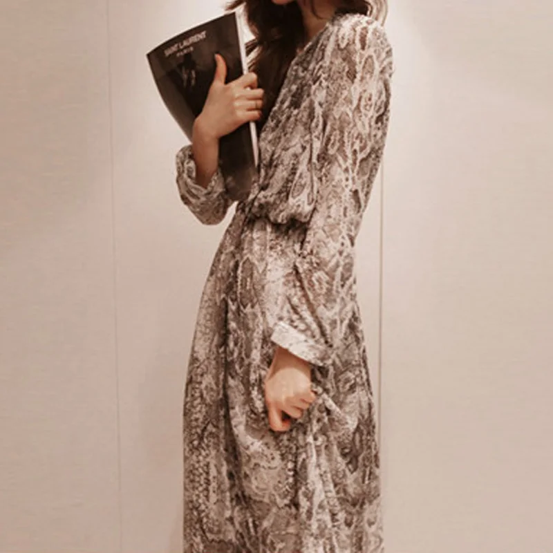 Women Long Sleeve Dress Snake Printed Elastic Waist Chiffon Loose Shirt Dresses Boho Casual Ladies Vintage Robes Spring | Женская одежда