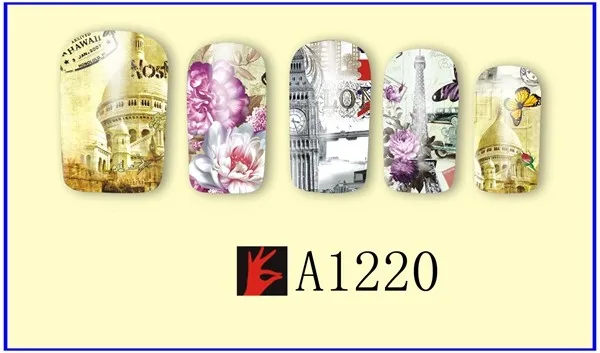 12 упак./лот переводка NAIL ART наклейки на ногти татуировки слайдера с полным покрытием в европейском стиле с оригинальными рисунками "Парижская башня церкви A1213-1224