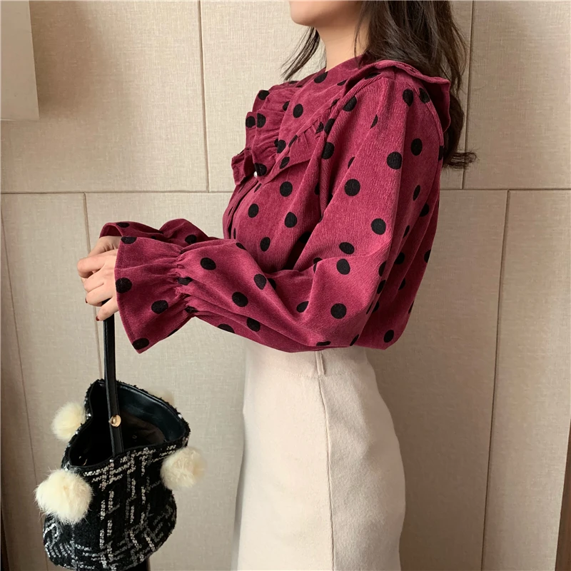 Lychee Girls Dot Print Ruffles Women Sweet Blouses Peter Pan Collar Long Flare Sleeve Female Shirts Autumn Winter Vintage Blouse | Женская