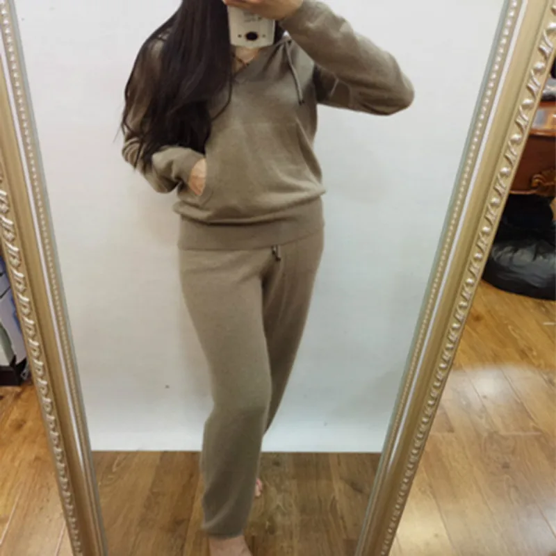 Женский шерстяной спортивный костюм вязаный кашемировый свитер с капюшоном и