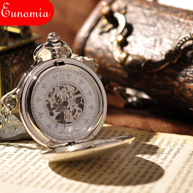 Серебряный Щит Полный Охотник Классический механические карманные watchskeleton