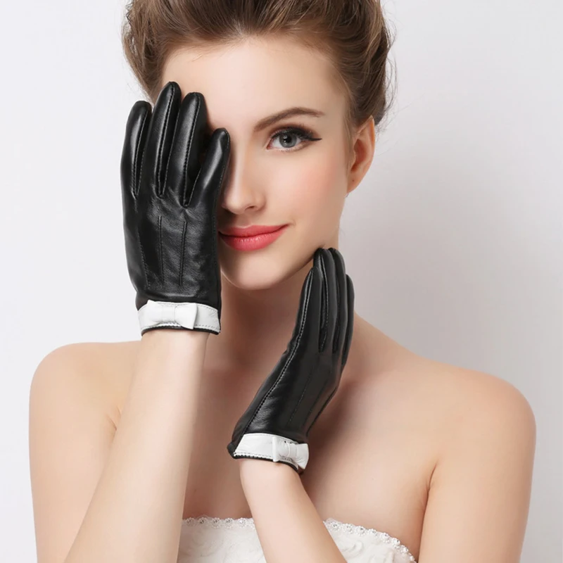 Genuine Leather Gloves Women's Winter Plus Velvet Touchscreen Sheepskin Gloves Bowknot Fashion Trend Black Driving Glove F8001
