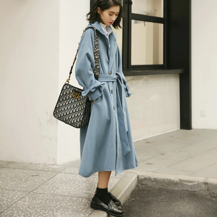 

Women's Lapel collar Fashion autumn Winter Warm loose Wool Blend british Style blue warm Trench outerwear
