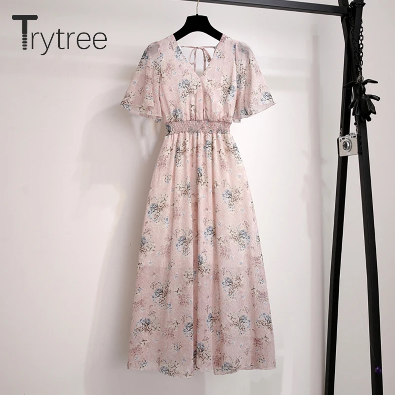 Женское платье с цветочным принтом Trytree Повседневное трапециевидной формы до