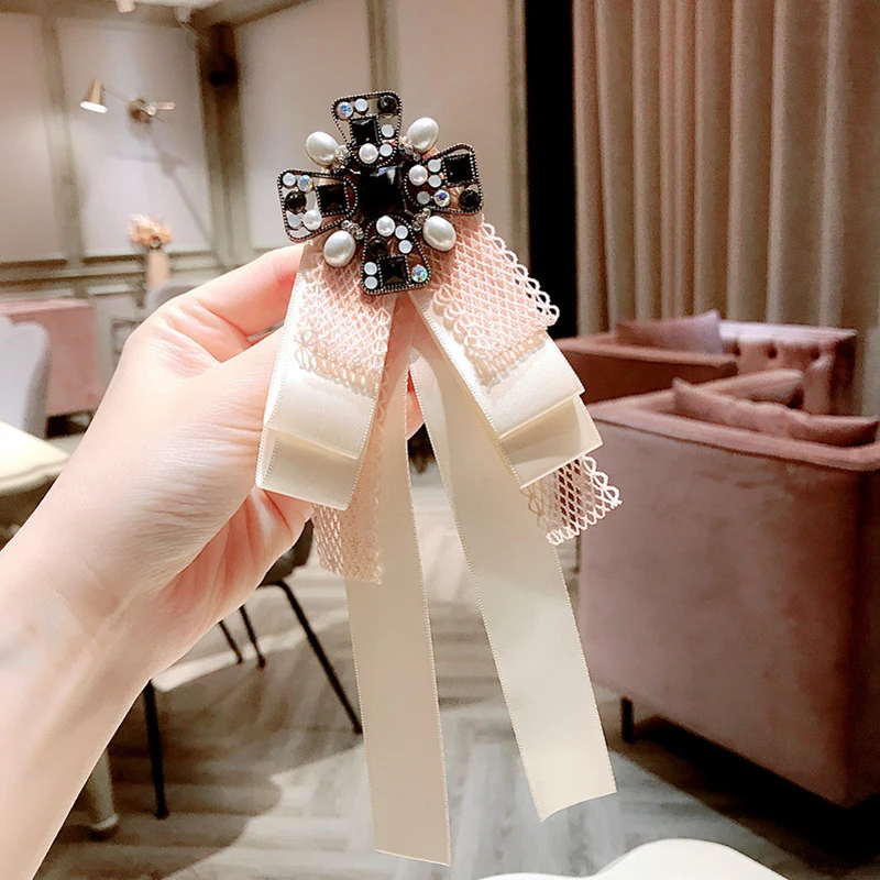 Корейская кружевная Брошь Стразы галстук-бабочка воротник рубашки лента цветок