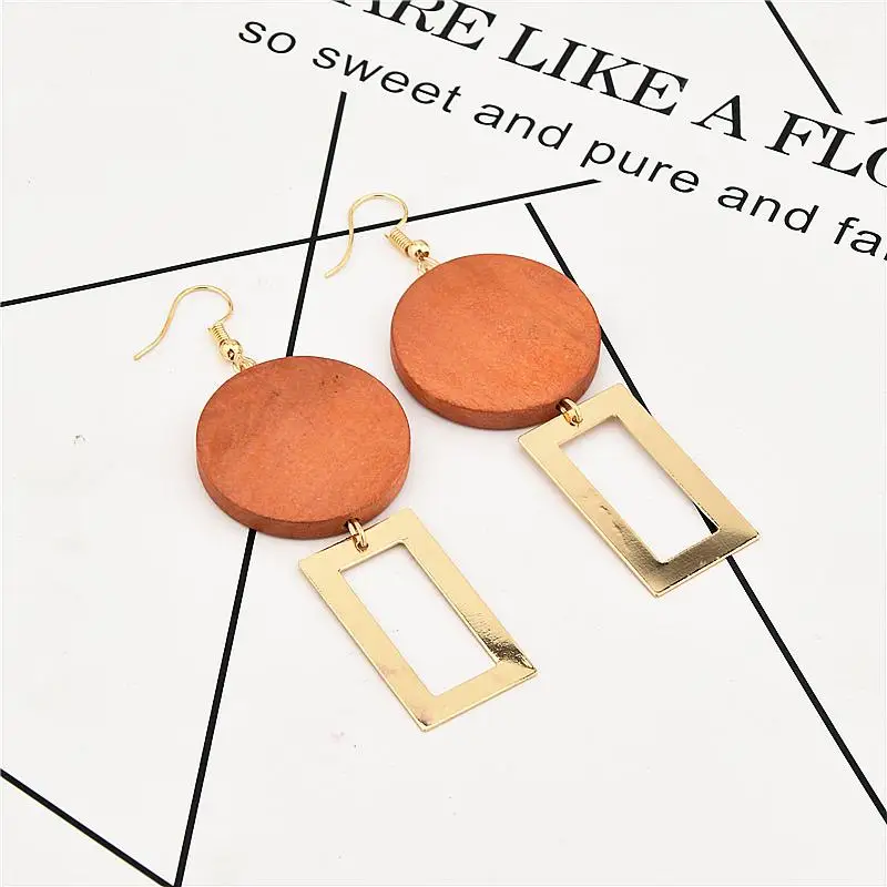 Wood Color Корейские круглые деревянные серьги длинные массивные геометрические прямоугольные Висячие серьги для женщин модные ювелирные изделия Oorbellen - Окраска металла: Wood Color