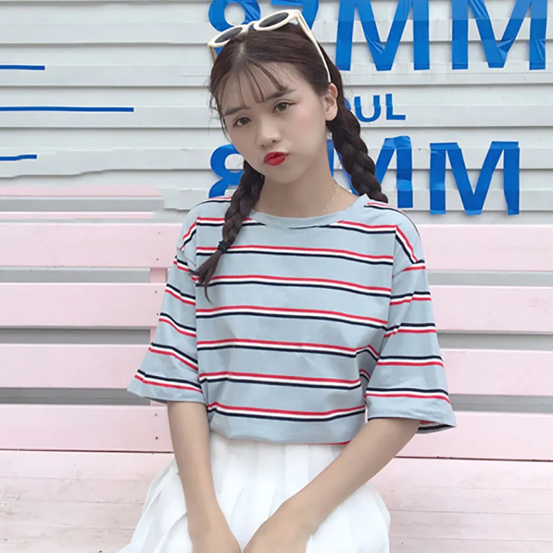 Ulzzang Harajuku ретро полосатая розовая футболка школьницы летние топы 2019 преппи милый