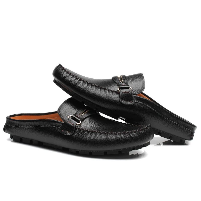 JKPUDUN Mens Designer Black Shoes Luxury Brand 2019 High Quality Genuine Leather Flats Half Slipper Loafer Casual Summer Sandals | Обувь