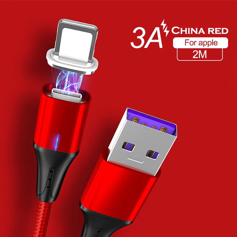 3A Red For Apple Магнитный usb-кабель 3A 2 м для iPhone X, Магнитный зарядный кабель передачи данных для быстрой зарядки, кабель Micro USB type-C для samsung Xiaomi huawei - Цвет: 3A Red For Apple