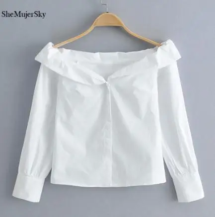 white blouse SheMujerSKY белые женские блузки с открытыми плечами рубашки с длинными рукавами на тонких бретелях camicia donna Топы - Цвет: white blouse