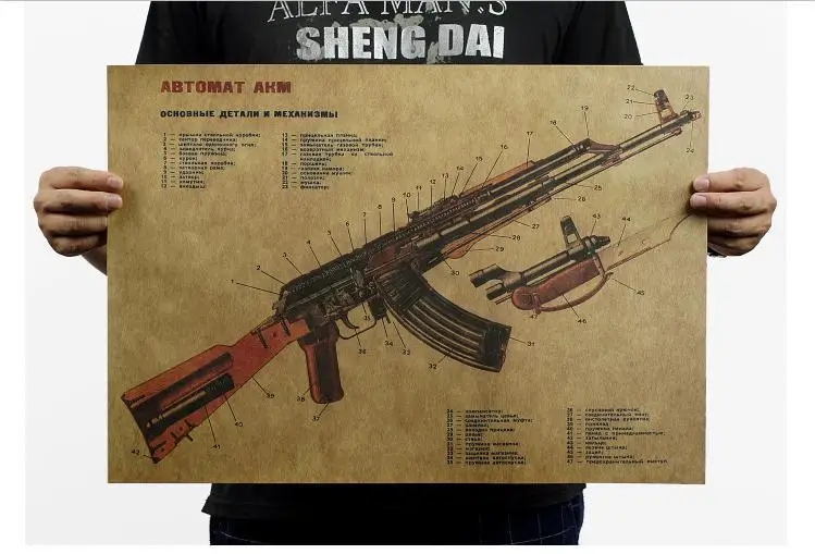 Uploadcool_ 067 Ретро, ВИНТАЖНЫЙ ПЛАКАТ крафт "AK 47 Модифицированная структура" Стикер Искусство Настенная живопись Домашний Декор ремесла 51x35,5 см - Цвет: Черный