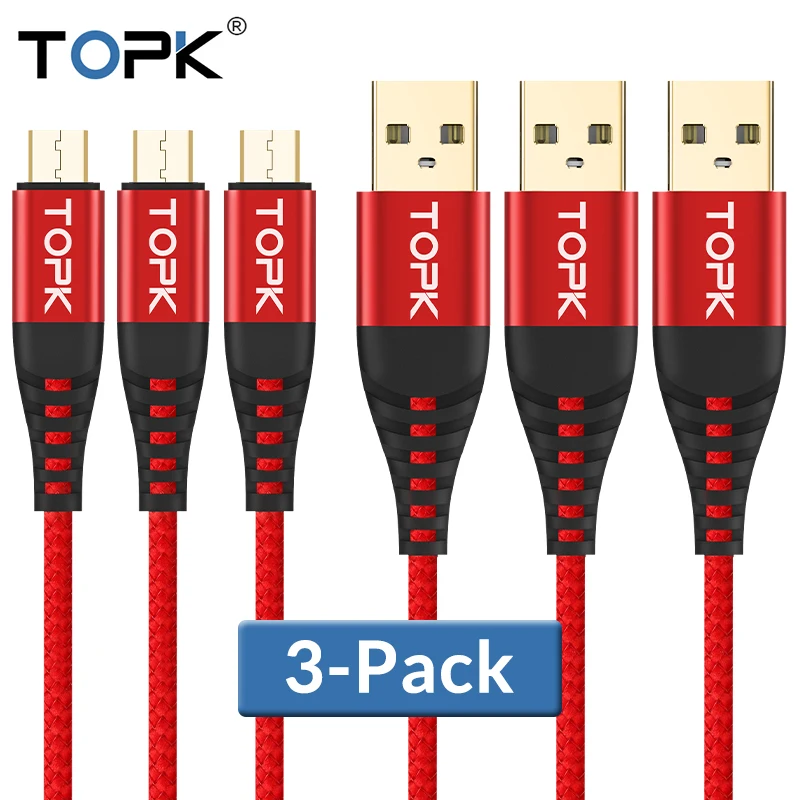 TOPK [3-Pack] 1 м высокопрочный нейлоновый Плетеный 2 а быстрый Micro USB кабель для samsung Xiaomi huawei LG Tablet Android USB кабель для передачи данных