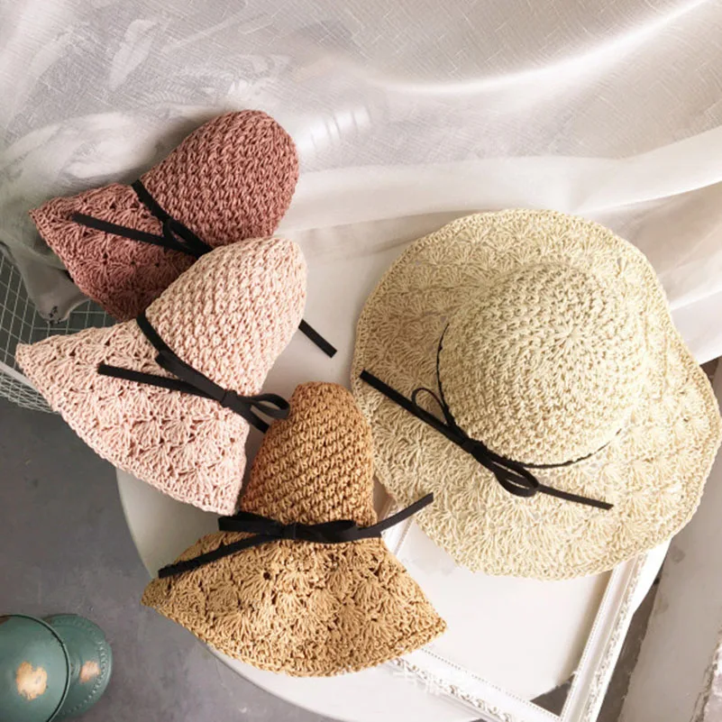 

Women Sun Hat Handmade Weave Straw Hats Sunscreen Beach Shade UV Casual Lady Foldable Cap Holiday Elegant Big Brim Bow Belt Hat