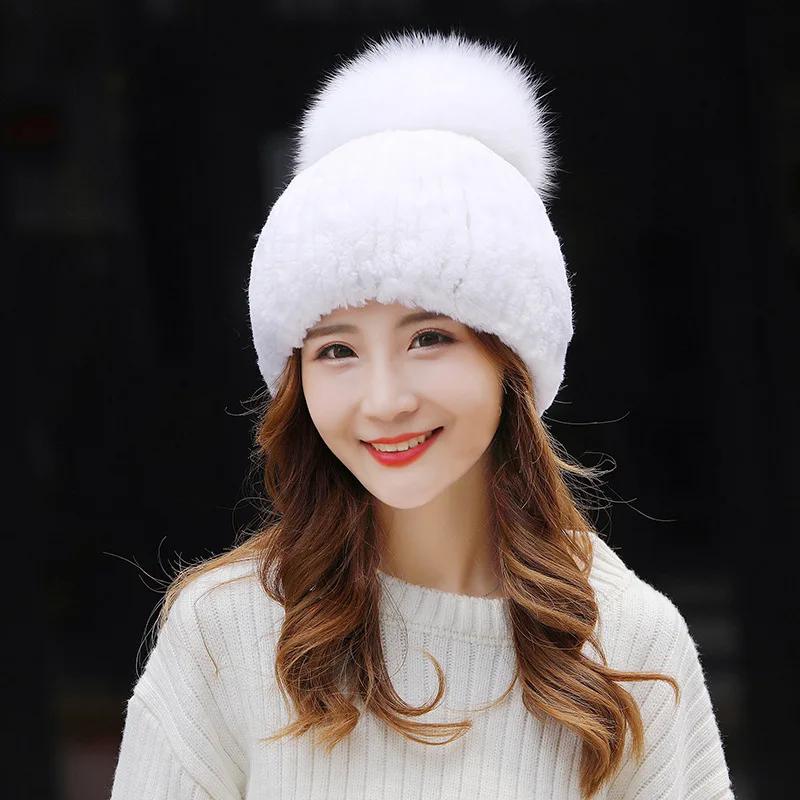84545 New fashion sweet Autumn and winter ladies knit  Hat Rex rabbit fur hats  Women Fox Fur Hat Female Skullies & Beanies