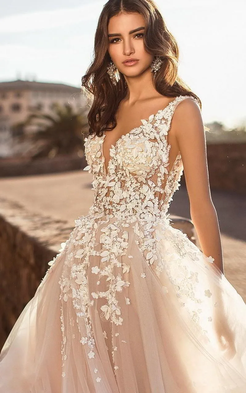 LORIE 2019 elegante cuello en V playa vestidos de novia sin respaddo 3D apliques florales encaje tul ve|Свадебные платья| |