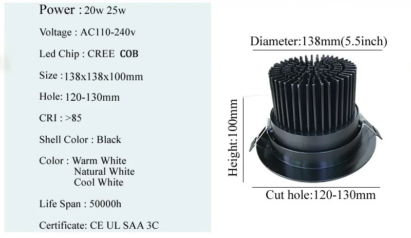 25 Упак. 5 дюймов 138 мм черный корпус 20 Вт Led Диммируемый Cob светильники CRI 85 +