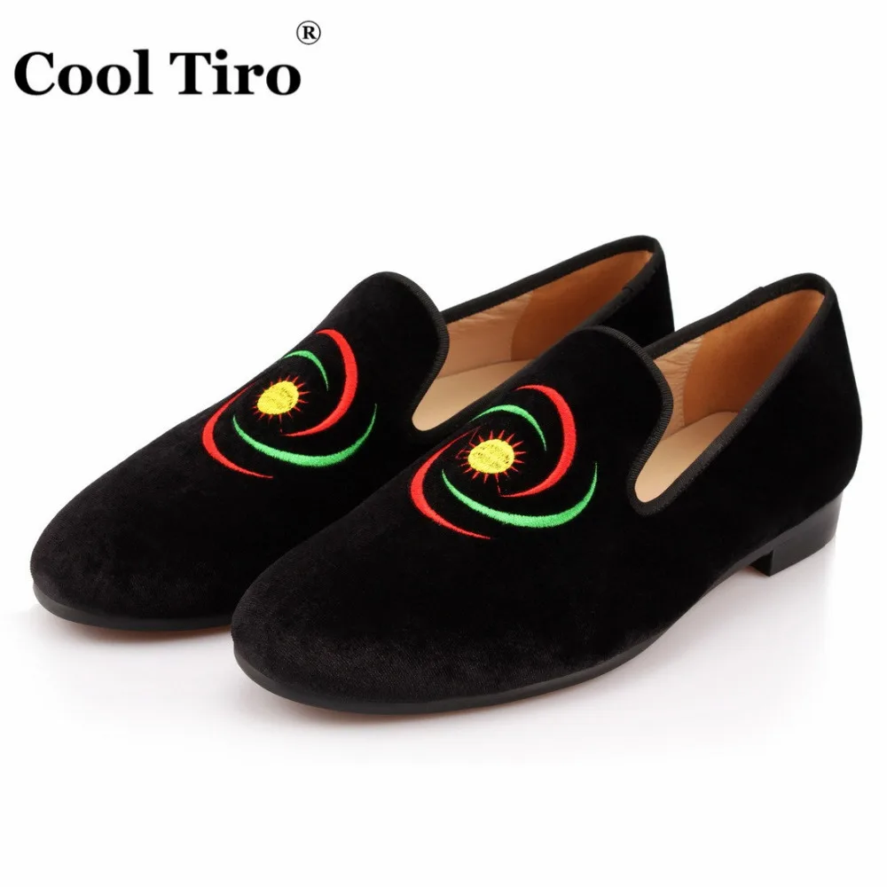 COOL TIRO men shoes Italy fashion design spring black velvet embroidered loafers flats casual High quality Handmade | Обувь