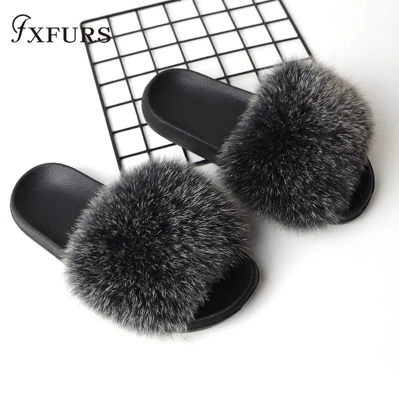 FXFURS/ г.; модные женские шлепанцы с лисьим мехом; сезон лето; пушистый мех; шлепанцы; пляжные скандалы; уличная ярмарка; шлепанцы; модная плюшевая обувь - Цвет: black frost