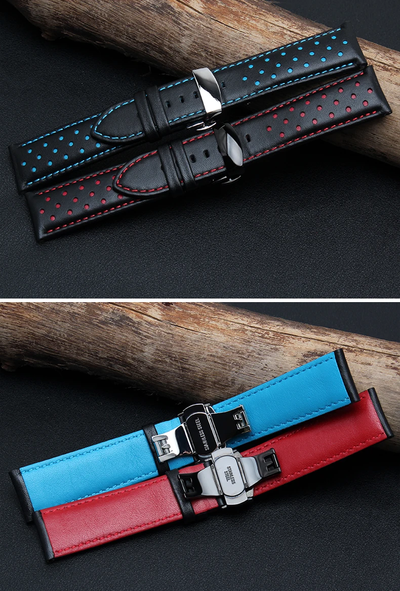 Rolamy 20mm 22mm Real Cowhide Leather Handmade Black Red Blue Replacement Wrist Watch Band Strap Double Push Clasp