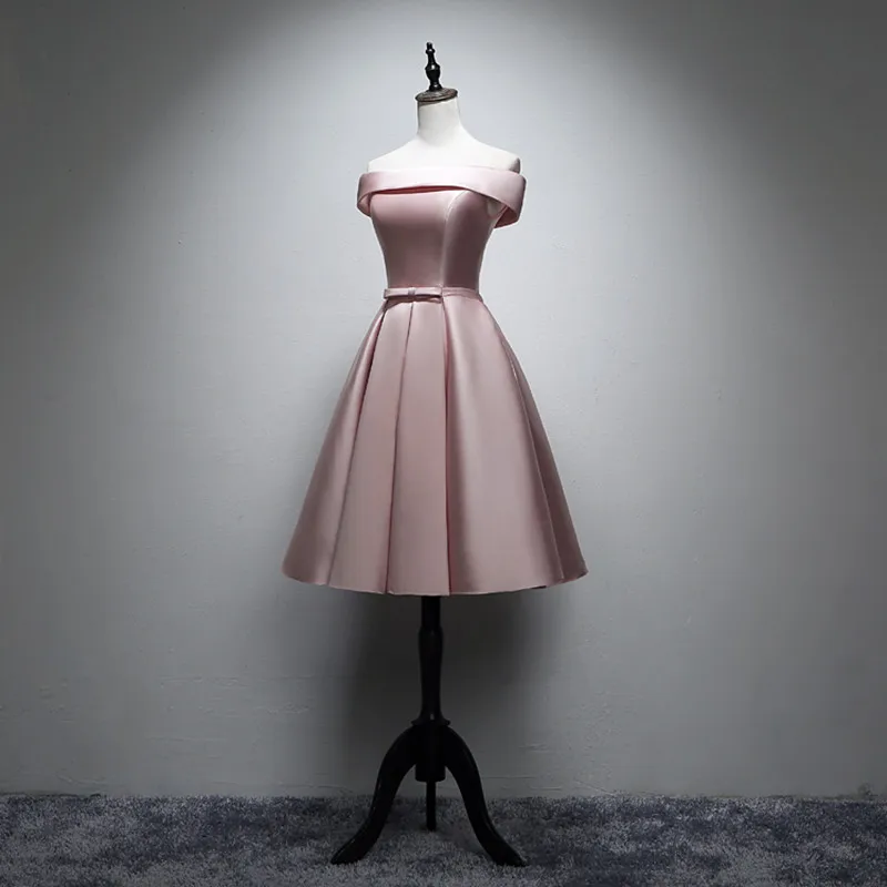 Blush Pink Платье подружки невесты с открытыми плечами, атласное, короткое, на шнуровке,, длина до колена, вечерние платья, румяные, розовые, вечерние платья - Цвет: Blush Pink