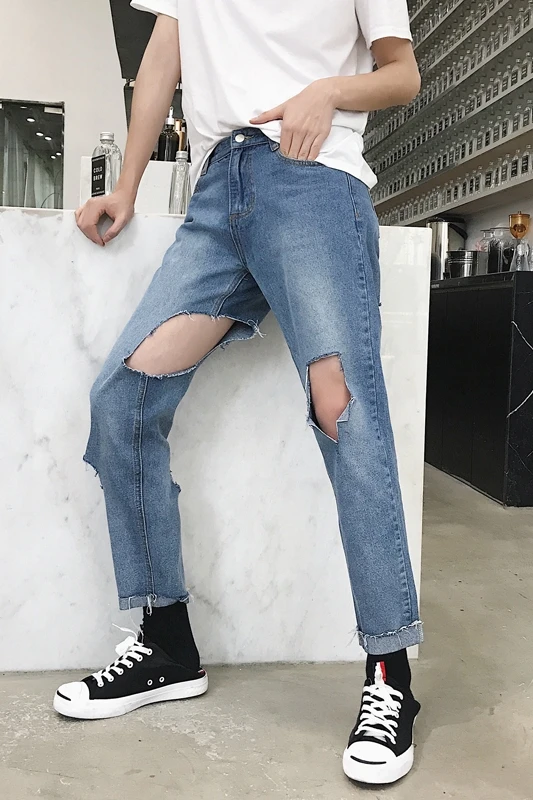

Summer new style big break hole design trousers foot hair edge cowboy 9 minutes pants men's baggy straight pants