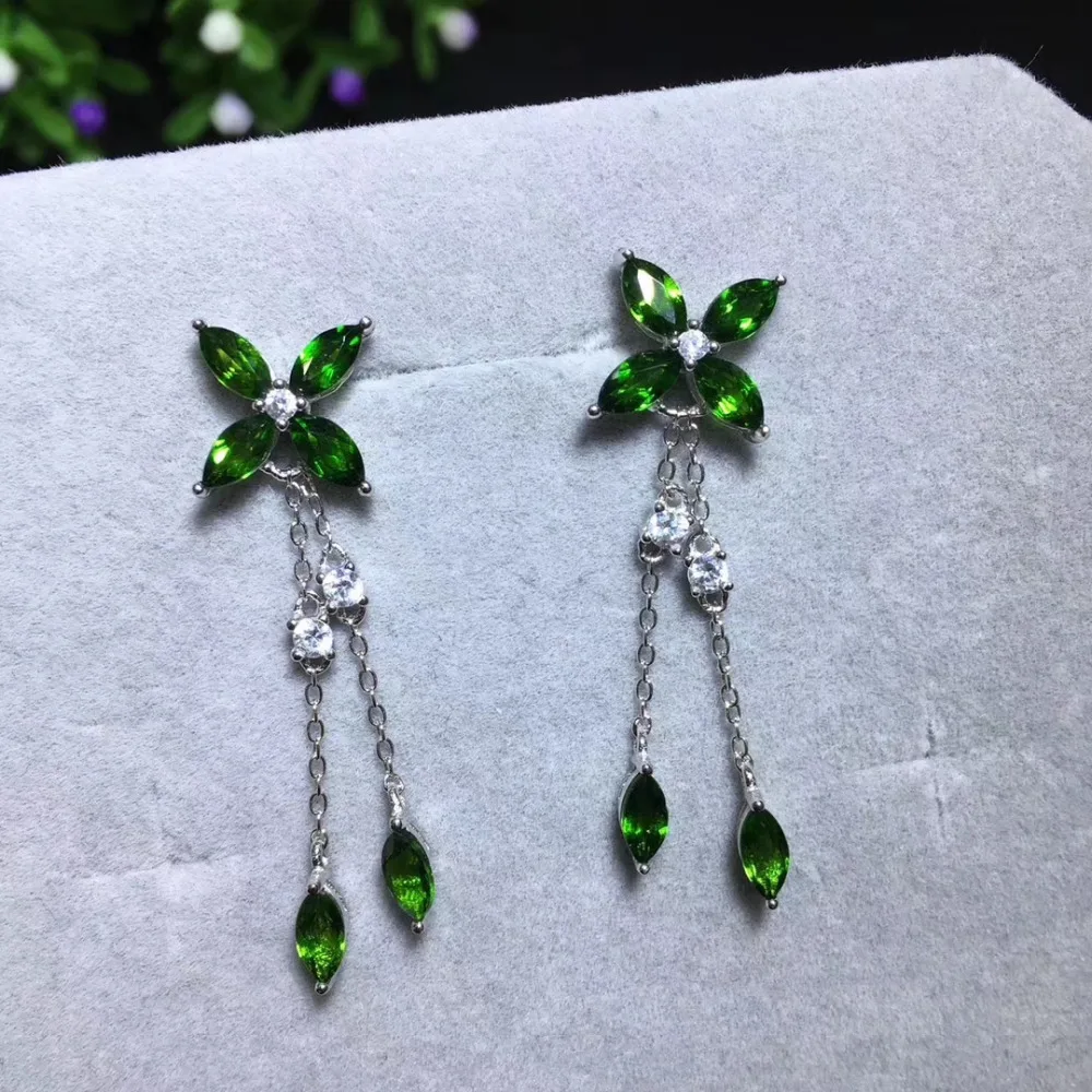 

Fashion natural green diopside drop earrings Natural gemstone earrings Long luxury Lucky Clover 925 silver female party jewelry