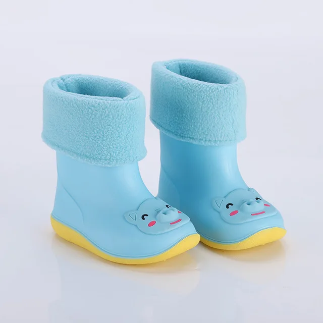 Blue pig cotton Новые осенние зимние детские резиновые сапоги теплые хлопковые резиновые сапоги детские Нескользящие водонепроницаемые сапоги для маленьких мальчиков и девочек - Цвет: Blue pig cotton