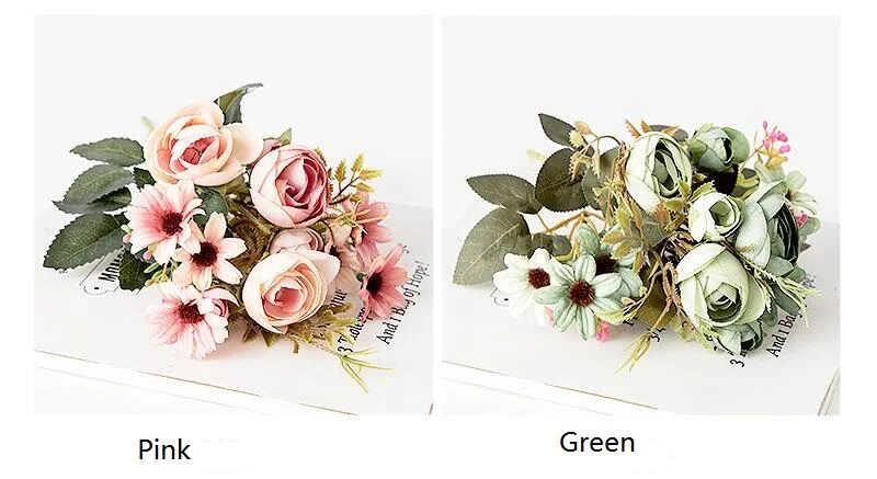 Fake Tea Rose Silk Flower Fall Gerbera Daisy Artificial Plastic Flower Pearl Bouquet For Wedding DIY Party Home Room Decoration