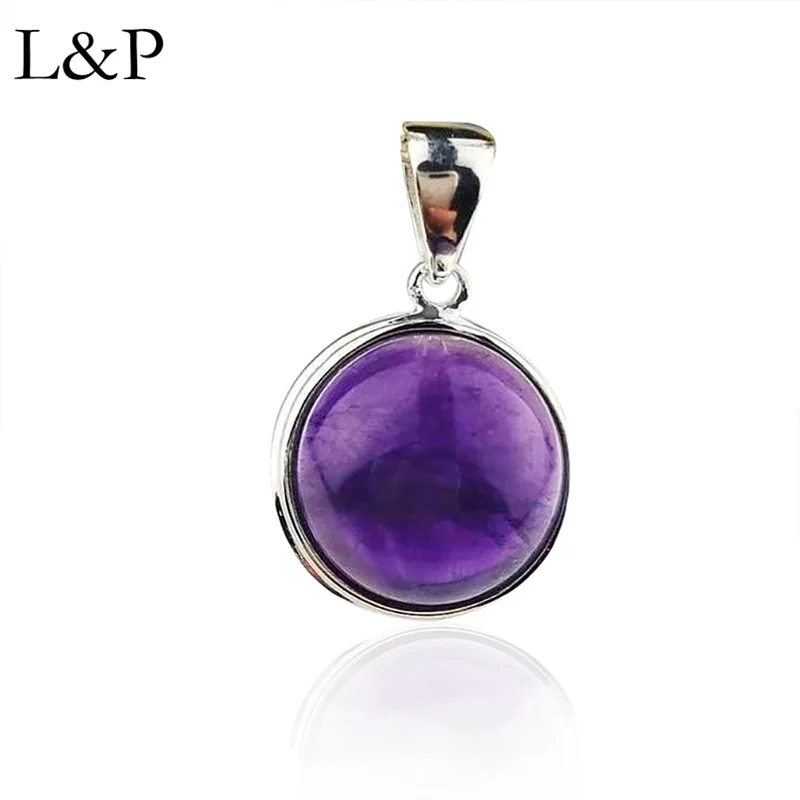 

L&P Elegant Amethyst Pendant For Lady Authentic 925 Sterling Silver Round Purple Pendant Necklace Fine Jewelry Wedding Gift