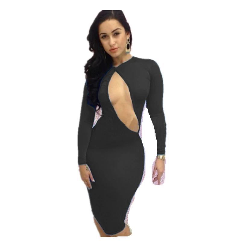 

New Fashion Summer Novelty Bandage Dress Women Black Long Sleeve Sexy Bodycon Club Dress M3626