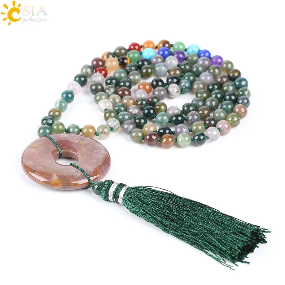 CSJA Reiki Boho Tassel Necklaces Chakra 6mm Natural Gem Stones Yoga Mala Bead Pink Quartz Round Donut Pendant Long Necklace E800 |