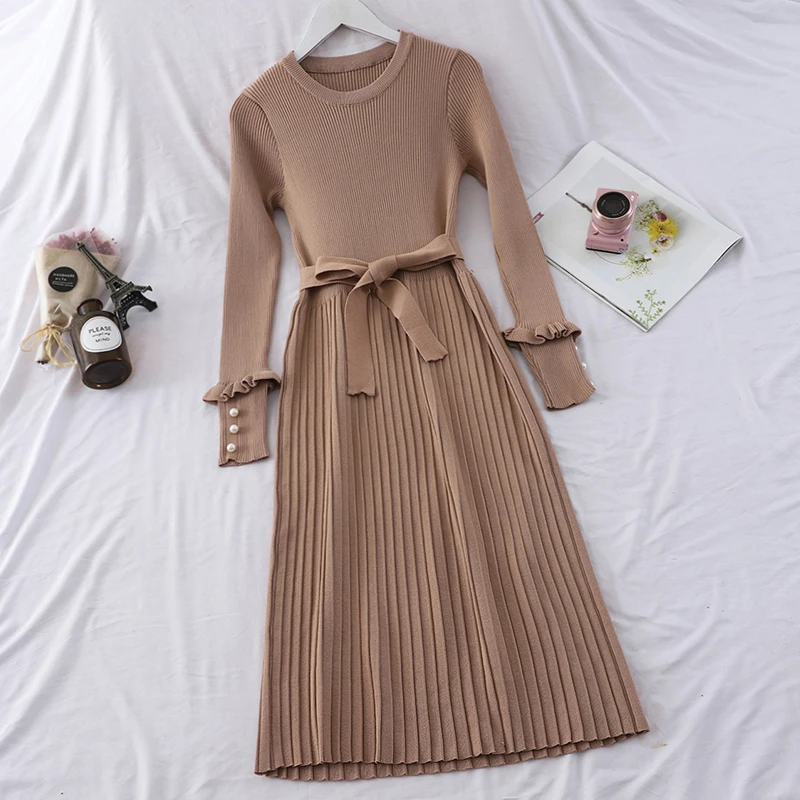 Женское трикотажное платье-свитер осенне-зимнее плиссированное платье с длинным