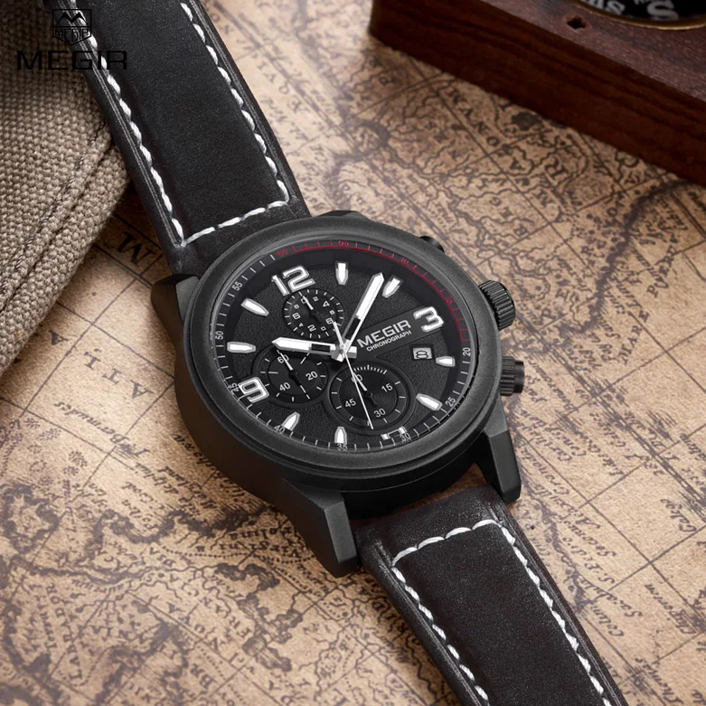 Мужские спортивные часы MEGIR кварцевые с хронографом из натуральной кожи на