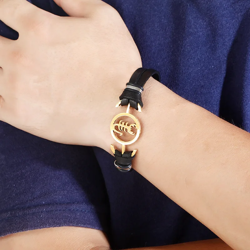 Скорпион с пончик кулон Браслеты нержавеющей стали Кожа Напульсники очарование