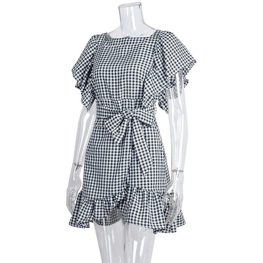 OOTN женское платье в черно-белую клетку Летнее мини-платье с рюшами женский сарафан с коротким рукавом клетчатое платье с поясом и галстуком-бабочкой на каждый день