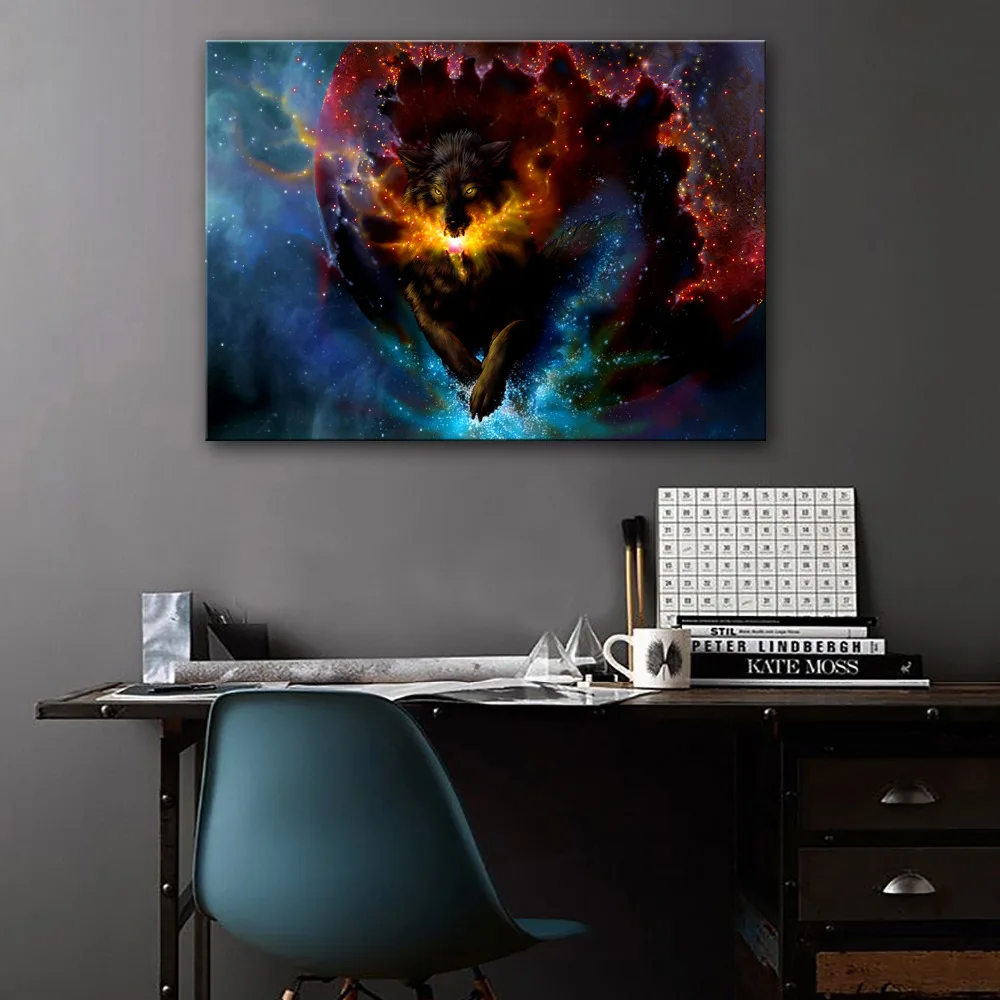 Растянутый Холст принты фантастические волк светодиодный мигает оптического