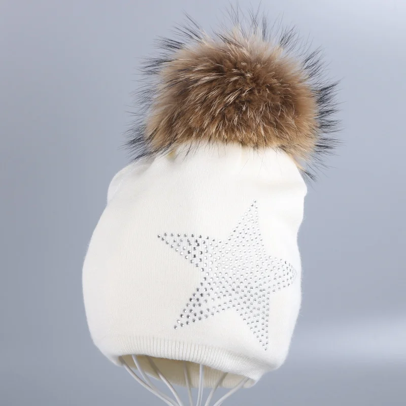 Mink Pom irovy hat Новая женская шерстяная зимняя шапка с настоящим помпоном, кашемировые шапочки, блестящая кристаллическая звезда, мягкая термальная натуральная норка, лиса, звезда, шапочки - Цвет: Mink Pom irovy hat
