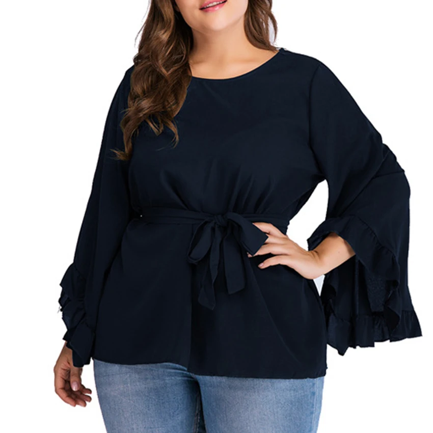 

Women Plus Size 4XL Flare Sleeve Blouse Spring Solid Tunic Strap Blouse Fashion Long Sleeve Tops Women Big Size Clothing Blusas