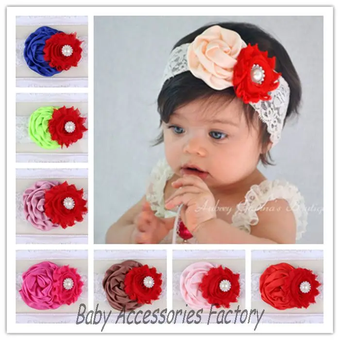 Lovely Kids Lace Headbands With Chiffon Rose Shabby Flower Boutique Rhinestone Hairbands Photography Props Hair Accessories | Детская