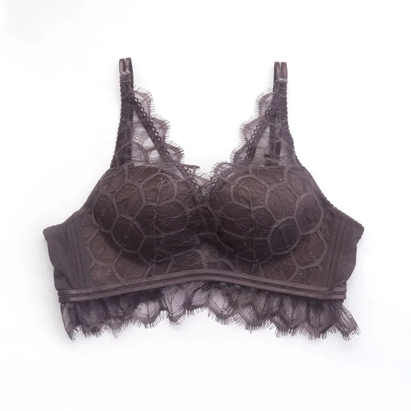 GrEy purple Элегантный беспроводной мягкий бюстгальтер удобные бюстгальтеры маленький бюстгальтер Глубокий V белье женский сексуальный бюстгальтер 70 75 80 85 AB Кружева Bralette Wome - Цвет: GrEy purple