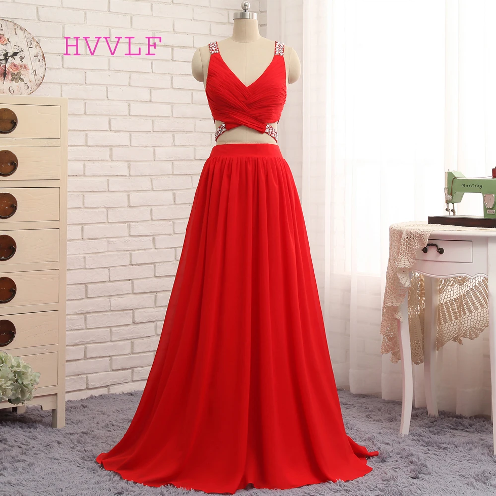 

Open Back New Prom Dresses A-line V-neck Floor Length Chiffon Bead Two Pieces Prom Gown Evening Dresses Evening Gown