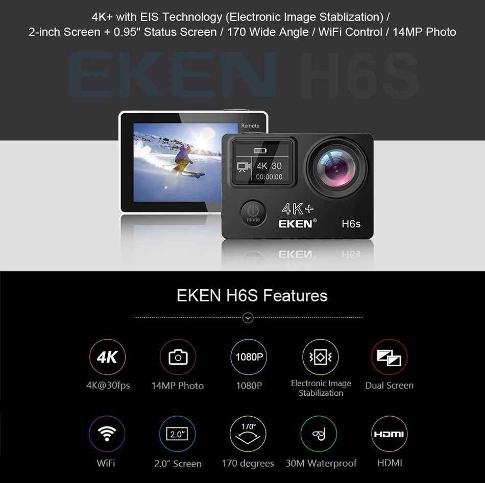 EKEN H6s 4K+ Ultra HD 14MP с дистанционным управлением EIS спортивная видеокамера Ambarella A12 Чип Wifi 30 м Водонепроницаемая экшн-камера Panasonic