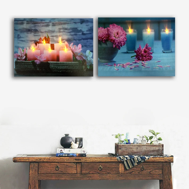 Led Холст Искусство розовые Хризантемы цветы со свечами спа Настенная картина