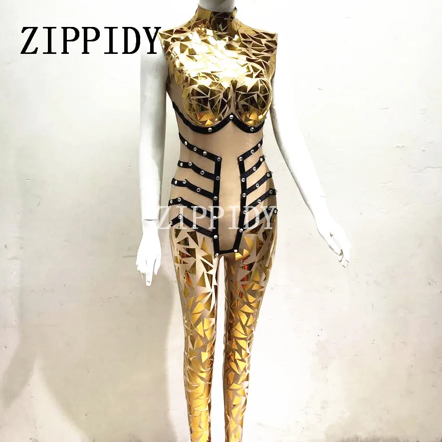 

Sparkly Gold Sequins Jumpsuit Sexy Evening Outfit Party Glisten Crystals Bodysuit Costume One-piece Design Stage Rompers