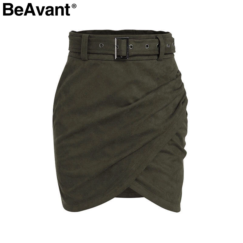 Olive green BeAvant, асимметричная замшевая кожаная юбка, Женская юбка с поясом, высокая талия, Зимняя женская юбка с рюшами, облегающая розовая короткая юбка, осень - Цвет: Olive green