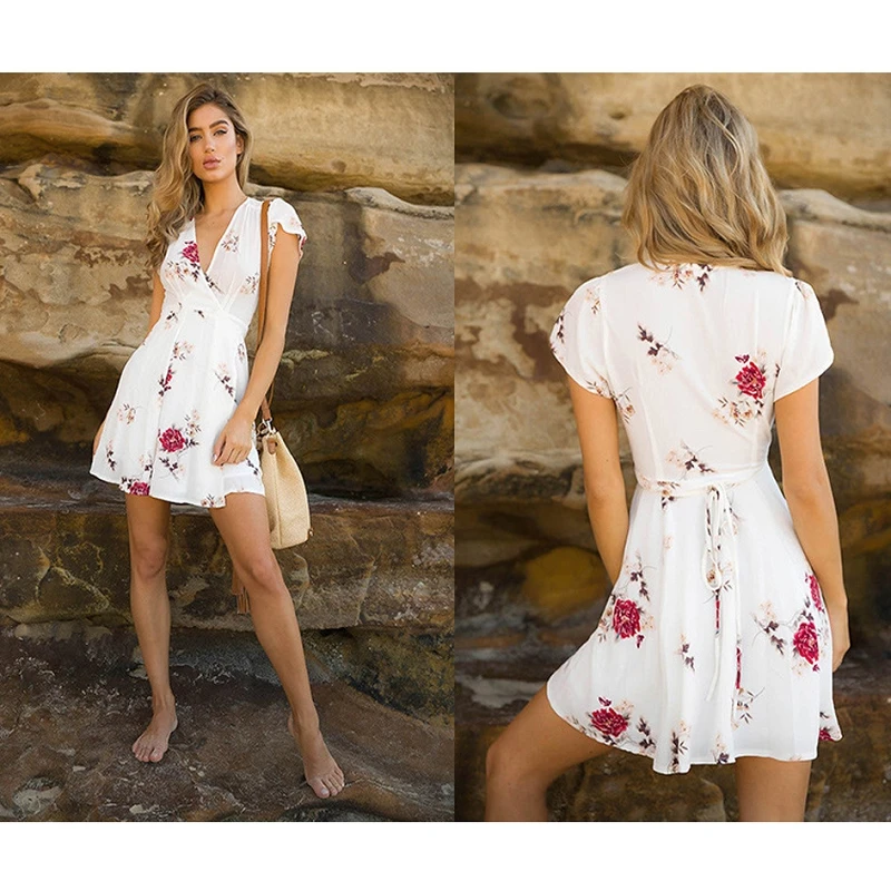 2019 летнее женское мини богемное Цветочное платье Летнее пляжное с коротким