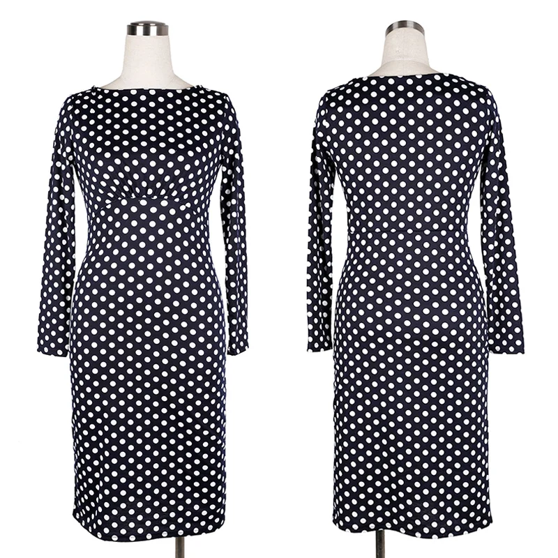 Oxiuly Newest Autumn Women Long Sleeve Elegant Dot Empire Waist Stretchy Bodycon Pencil Dresses Casual Knee-Length Dress S-XXL | Женская