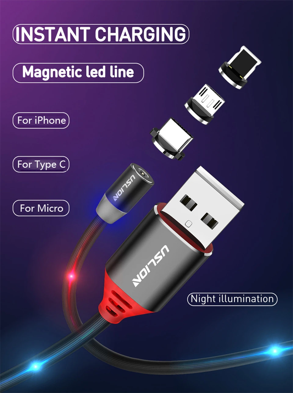 USLION 1 м светодиодный магнитный кабель mi cro usb type c кабель для зарядки 2.1A type-c кабель для Xiaomi mi 9 samsung S9 магнитное зарядное устройство