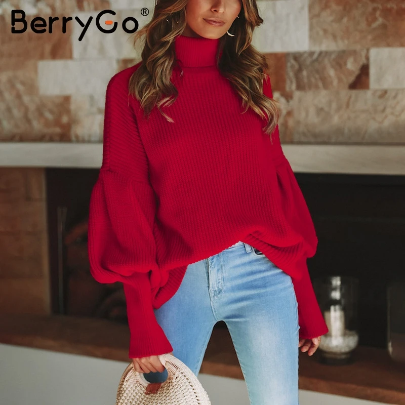 BerryGo красный вязаный свитер с высоким воротом для женщин винтажный